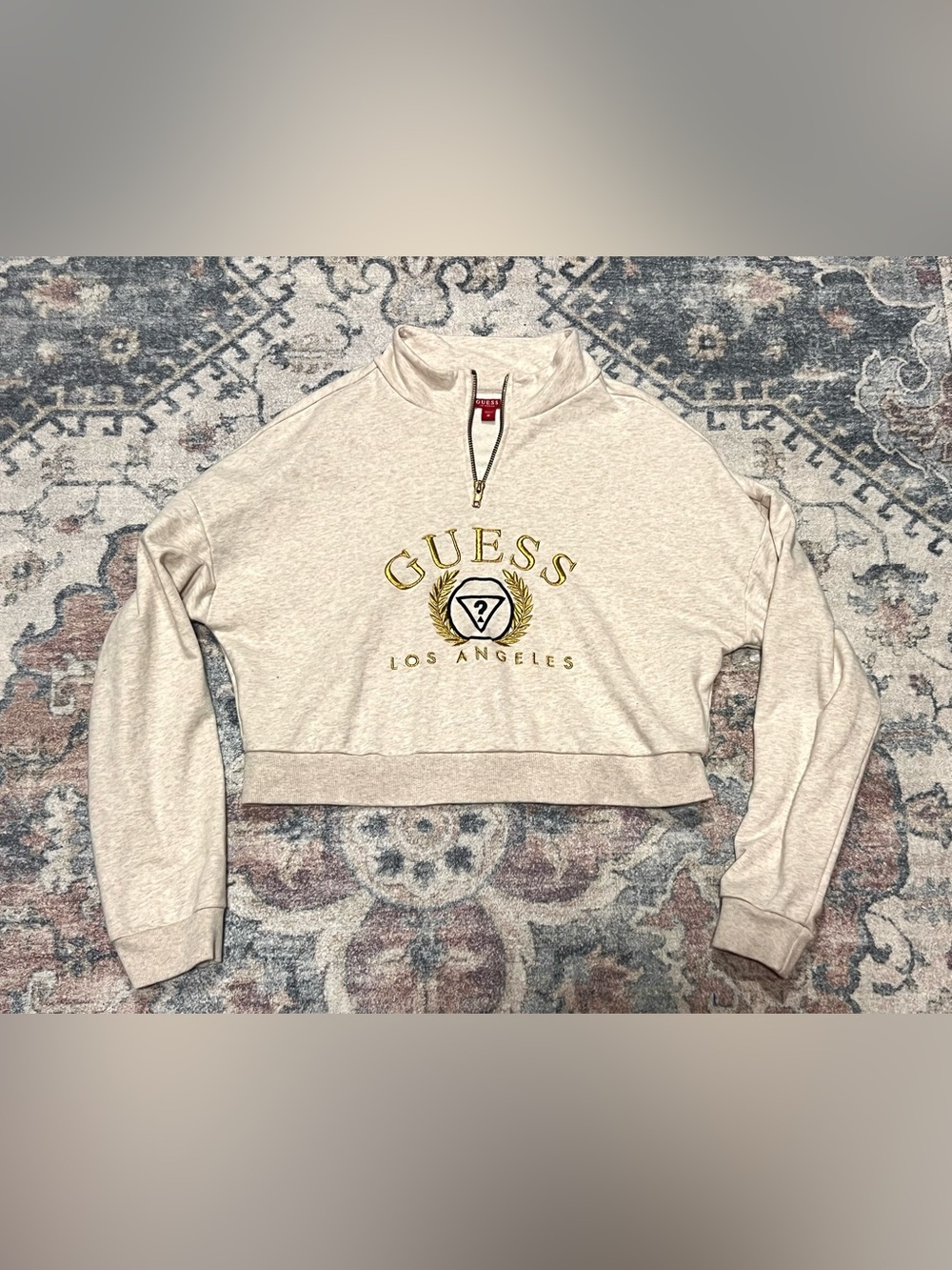 Guess Cream Cropped Quarter-Zip Sweatshirt with Gold Logo